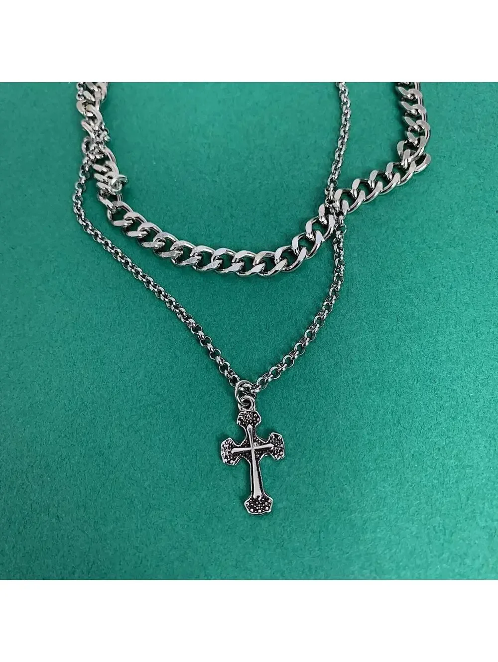 Y2k 2000s style Stainless Steel Double layer silver chrome cross chain grunge